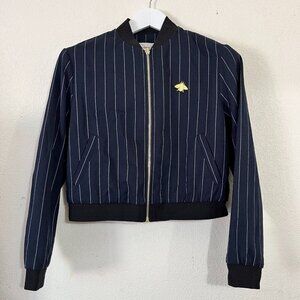 Ochirly Womens Band Collar Striped Cropped Bomber Jacket Medium Navy Scarab Logo